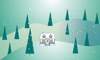 Charming little house nestled amidst a serene winter wonderland, surrounded by snow-covered evergreen trees, evoking a peaceful and festive holiday season