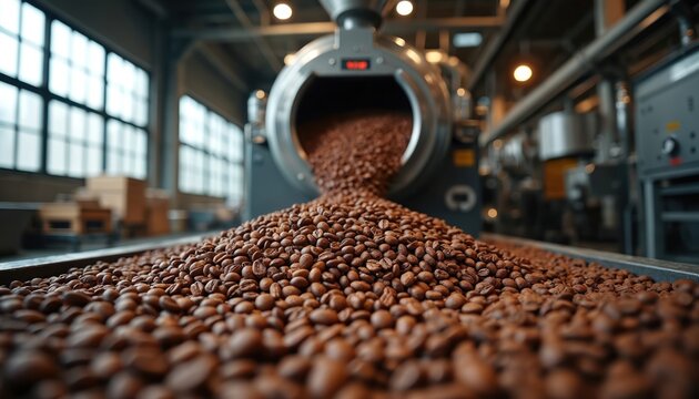 Roasted coffee beans pour from machine. Industrial production process shows aroma, texture, caffeine. Coffee business prepares drink. Factory roasts beans for espresso. Cafe gets material, makes - Powered by Adobe