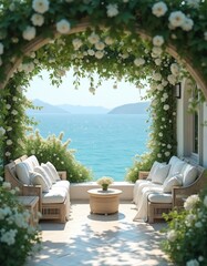 Fototapeta premium White sofas on garden terrace with sea view. Flowers vine arch, table with blooms. Ocean, blue water, mountains background. Relaxing seating area.