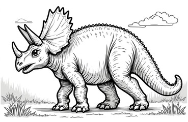 Fototapeta premium Line art triceratops dinosaur illustration for kids coloring book. Prehistoric animal outline with simple clouds and grass. Educational graphic for learning extinct creatures.