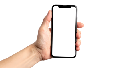 Hand holding a black touchscreen rectangle against black, showing the device's front