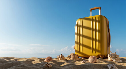 Yellow suitcase with seashells on sand against blue sky, representing travel, vacation, or a getaway, perfect for wanderlust or summer themes
