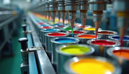 Industrial production line filling metal cans with colorful liquids. Automated machinery precisely dispenses paint into containers on a conveyor belt. Bright liquids flow into tins.