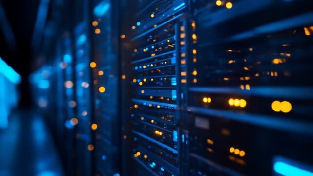 Rows of server racks with glowing blue and amber indicator lights in a data center