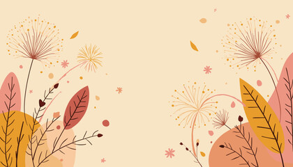 Stylized dandelions, leaves, and twigs background illustration in pastel colors
