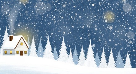 Winter Wonderland: A cozy house nestles amidst a snowy landscape, with the backdrop of falling snowflakes, creating a peaceful winter scene.