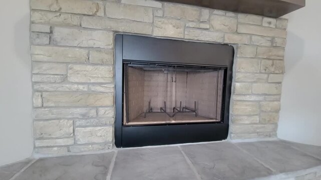 Cozy Stone Fireplace, Property Listing Background Showcasing Rustic Stone Fireplace With Black Insert