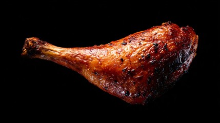 Minimalist layout of a single roasted turkey leg on matte black background, dramatic negative space