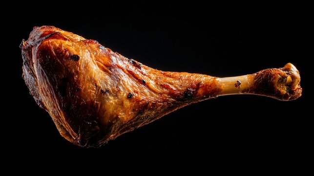 Minimalist layout of a single roasted turkey leg on matte black background, dramatic negative space