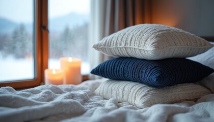 Pillows in cream, navy blue stack on comfy white knit bed linen. Two glowing candles sit by window. Snowy winter landscape with distant trees, mountains outside. Warm bedroom offers relaxing cozy