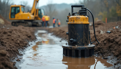 Submersible pump operates in muddy water at construction site. Excavator and workers visible in background. Equipment removes water, aiding foundation work and project completion.