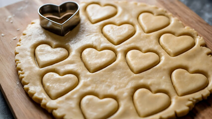 Heart-shaped cookie dough with multiple heart cutters placed on rustic surface showing warm homemade baking scene