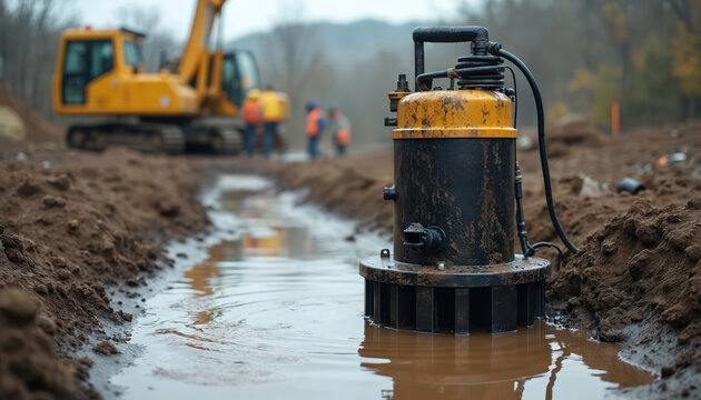 Submersible pump operates in muddy water at construction site. Excavator and workers visible in background. Equipment removes water, aiding foundation work and project completion.