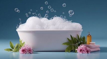 Relaxing spa scene featuring a white bathtub filled with bubbles, surrounded by soft towels, flowers, and essential oil, creating a tranquil atmosphere for self-care and rejuvenation