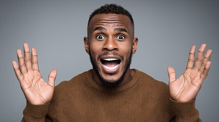 Excited african american man with short hair, wearing a brown sweater, is raising his hands in surprise, showcasing a joyful expression against a neutral background, conveying happiness and enthusiasm