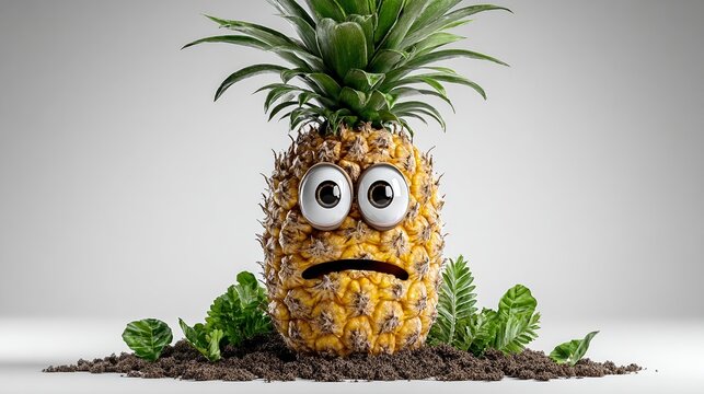 Pineapple character with large eyes and a sad expression, surrounded by soil and green leaves, creating a whimsical and playful scene in a minimalist setting