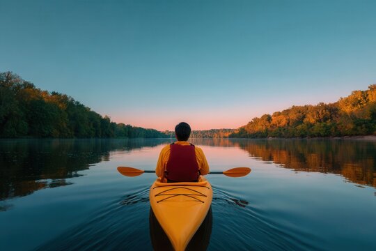 Serene Kayaking Experience on a Calm River Surrounded by Autumn Colors at Dusk - Powered by Adobe