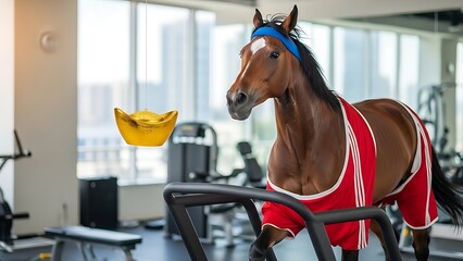 A horse in sportswear runs on a treadmill, motivated by a dangling gold ingot in a gym.