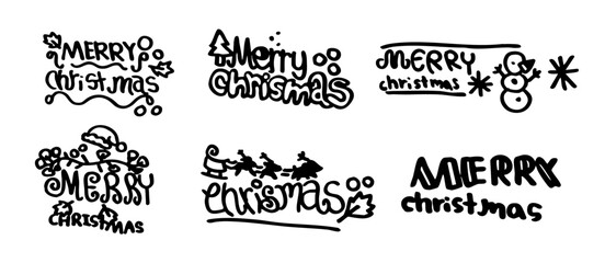 Obraz premium Merry Christmas doodle lettering vector illustration with cute hand drawn festive elements in black and white. Holiday greeting design for cards invitations and decorations.