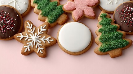 Festive assortment of decorated gingerbread cookies featuring snowflakes, Christmas trees, and blank cookie for customization, arranged on a soft pink background, perfect for holiday celebrations and