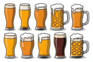 Beer glasses and mugs displaying various types of beverages