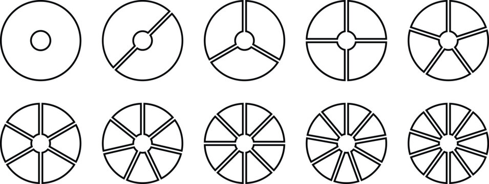 Pie chart with different segments in a circular diagram. wheel graph divided into parts and sections. Flat vector illustration isolated on white background