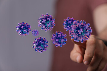 3D render of virus particles floating near a pointing finger, symbolizing contagion, health risks, and researc