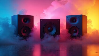 Three black speakers stand in colorful clouds of pink blue and yellow smoke. The abstract background suggests a music or tech theme. The audio equipment glows with vibrant neon light.
