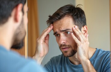 Young man in blue shirt examines hairline in mirror, touching forehead with worry. Concerned face shows balding symptom, thinning hair issue, early hair loss, recession.