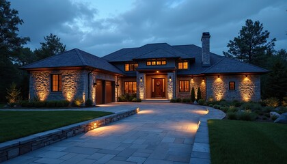 Modern stone house with landscape lighting illuminated at dusk. The elegant residence features a long driveway, manicured lawn, and architectural details.