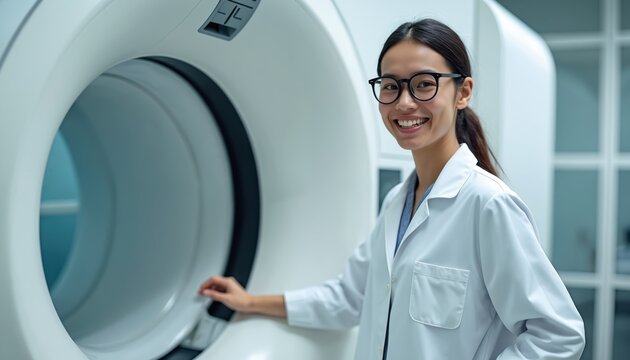 Young asian female scientist in lab coat smiles near mri scanner. Professional researcher works with advanced medical imaging equipment, exploring healthcare innovation, diagnostic tools. Future of - Powered by Adobe