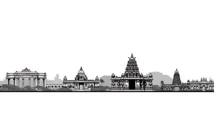 Black and white silhouette of a cityscape featuring various architectural styles
