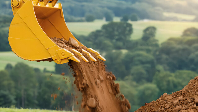 yellow excavator dumping soil construction site heavy machinery work