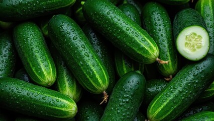 Fresh Cucumber: A close-up view presents a vibrant array of fresh, succulent cucumbers. the vibrant greens and the crisp textures offer an invigorating appeal.