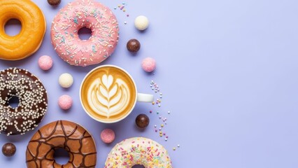 Donut Delight and Latte Art: A colorful arrangement of assorted donuts alongside a cup of latte, the artful design enhancing the visual appeal of a tempting, delicious treat.