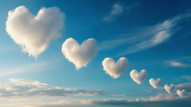 Romantic cloud hearts over blue sky 3D heart balloons