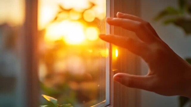 Person's hand interacts with a glowing window control during a golden hour sunset