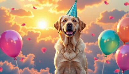 Joyful dog celebration at sunrise festive pet portrait outdoor scene whimsical atmosphere