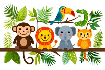 Naklejka premium Cute cartoon jungle animals sitting on tree branch