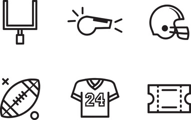 A collection of simple outline vector icons representing various elements and equipment associated with American football, ideal for sports-themed designs.