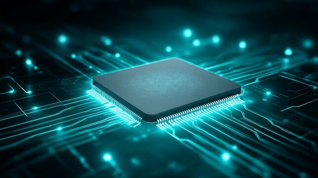 Close-up of a central processing unit on a circuit board, with glowing blue light effects - Powered by Adobe