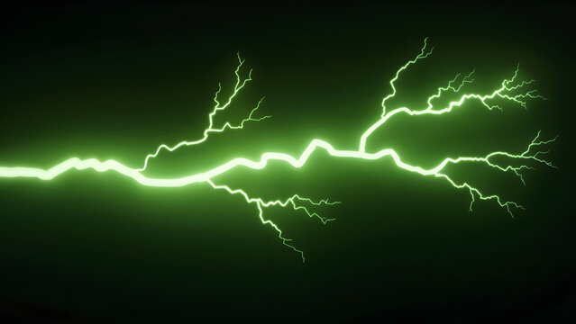 Green electric lightning bolt on dark background with glowing energy effect - Powered by Adobe