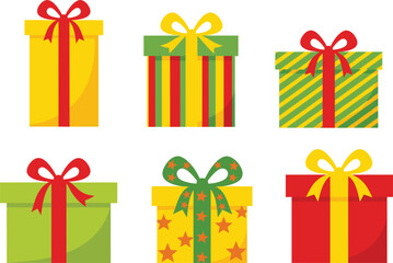 Set of six colorful Christmas and holiday gift boxes vector collection, wrapped with bright ribbons and bows in festive red, green, and yellow patterns.
