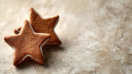 Simple layout of two gingerbread stars on creamy stone texture, soft shadows and copy space