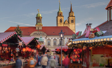 christmas market at the Old Market in Magdeburg, Germany, Saxony-Anhalt, time lapse with motion...