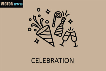 Celebration elements line art with party popper, champagne, glasses