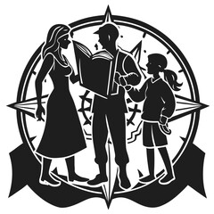 Family learning, child, parents, compass rose, guidance symbol