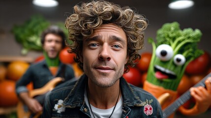 Male musician with curly hair, wearing denim jacket, performing with animated vegetable characters in a vibrant setting filled with colorful fruits and vegetables, showcasing a lively musical atmosphe