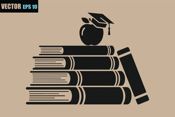 Education icon with stacked books, apple, and graduation cap
