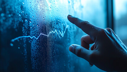 Touch and Analysis: A focused hand traces an illuminated line graph, juxtaposed against a misty pane. The scene evokes a sense of introspection and financial observation.
